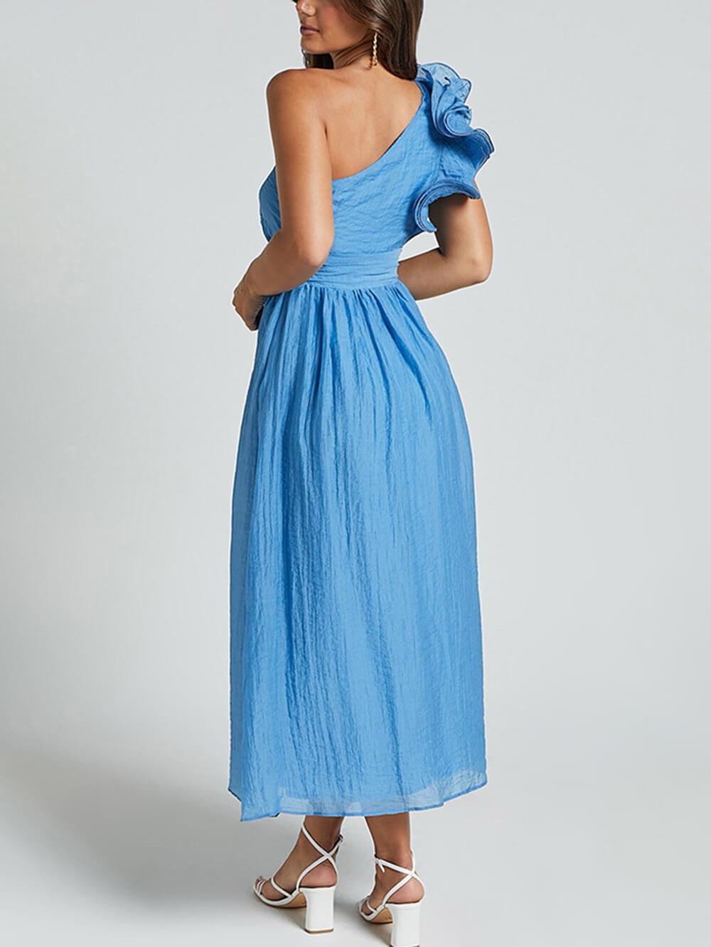 Unique Romantic Seaside One Shoulder Frill Detail Sleeve Layered Midi Dress