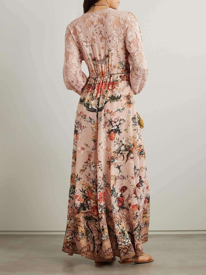 Elegant Lace Panel Printed Maxi Dress