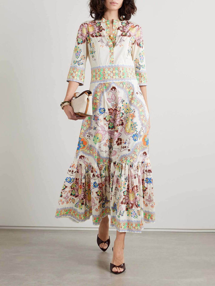 Casual Pleated Floral Print Midi Dress