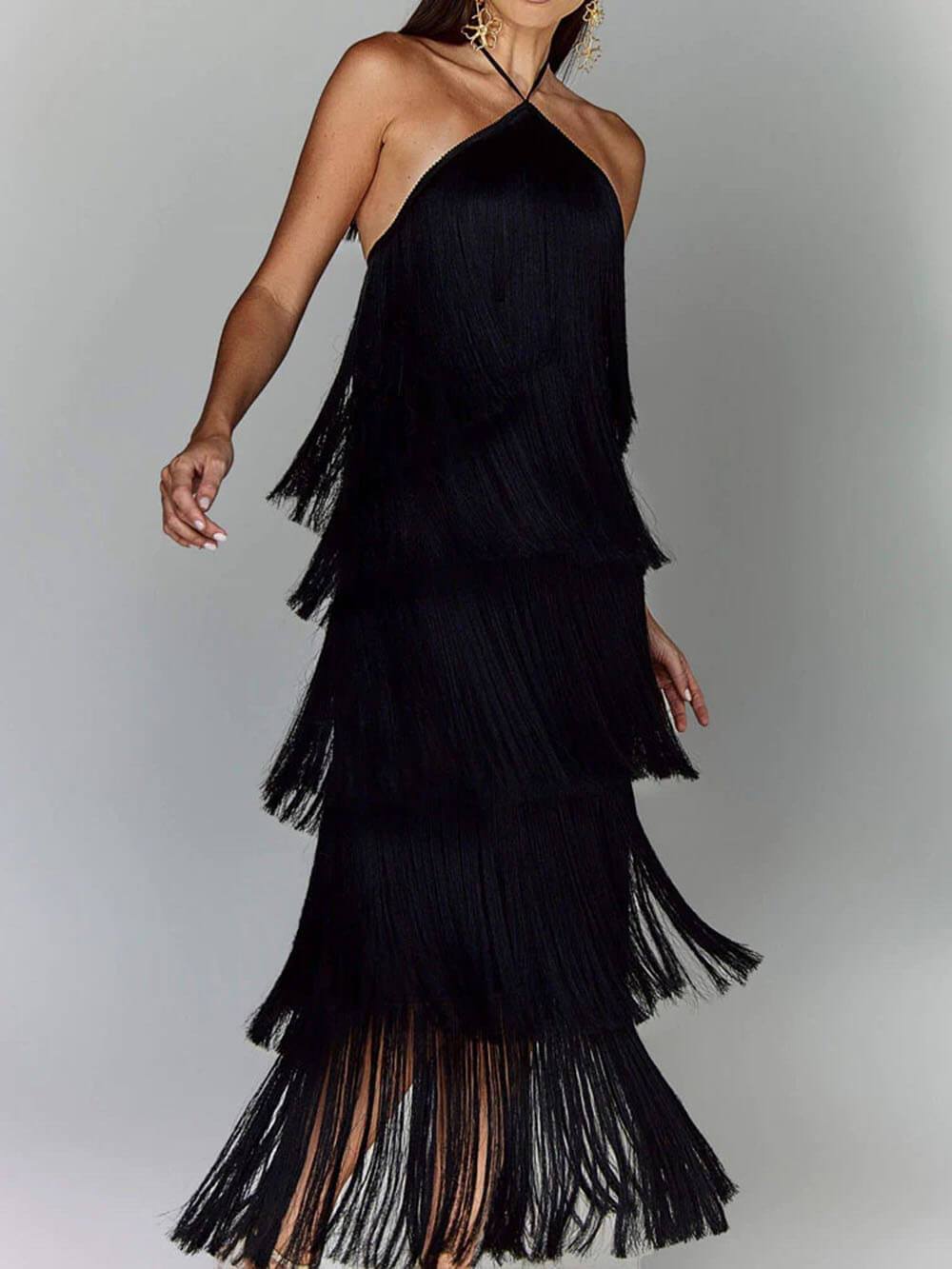 Moderigtig Halter Neck Tassel Rygløs Slid Party Dress