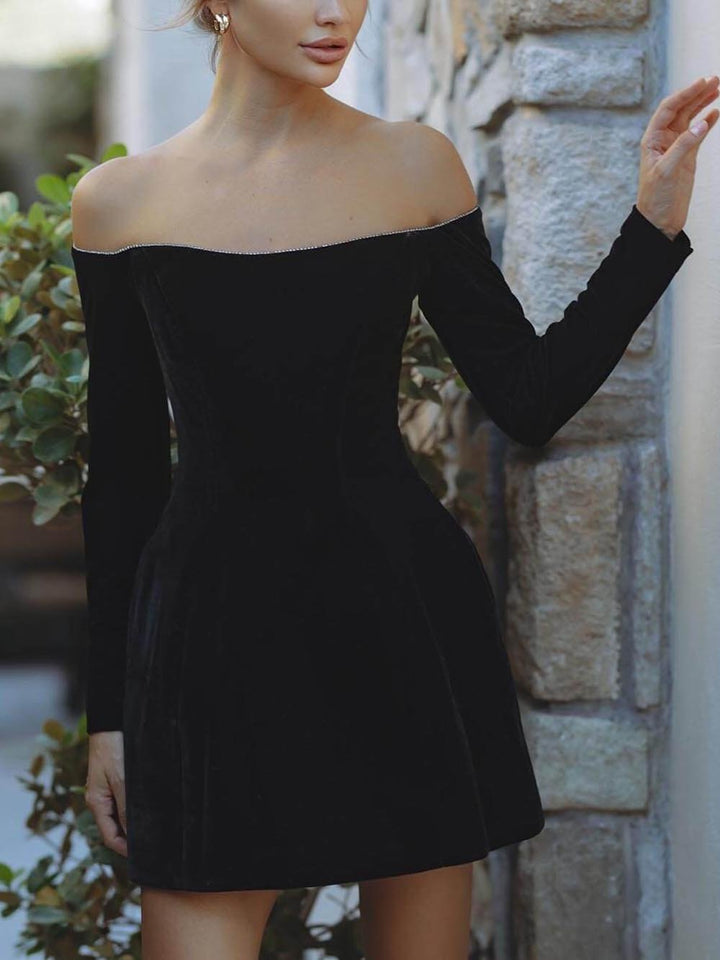 Exquisite Glitter Trim Off Shoulder Long Sleeve Pocketed Mini Dress