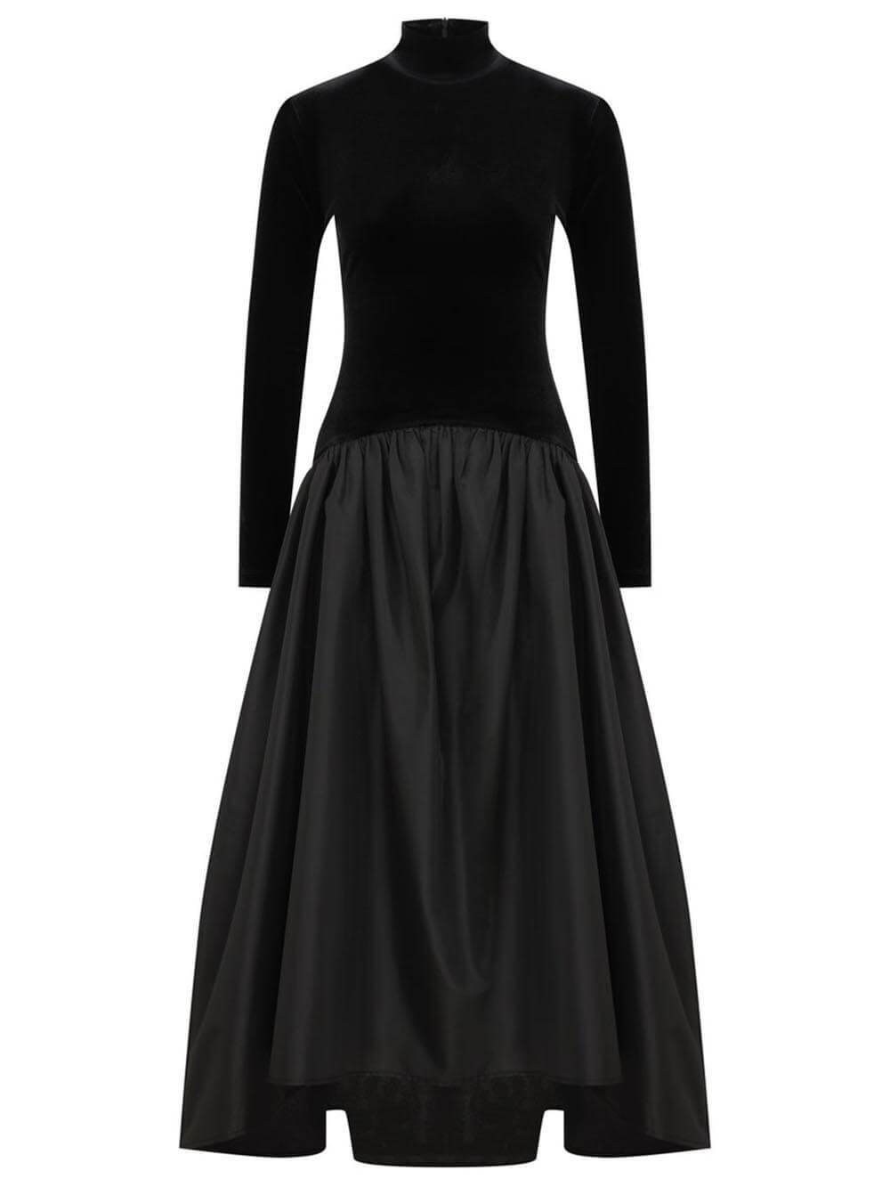 Exquisite High-Neck Pleated Paneled Taffeta Midi Dress