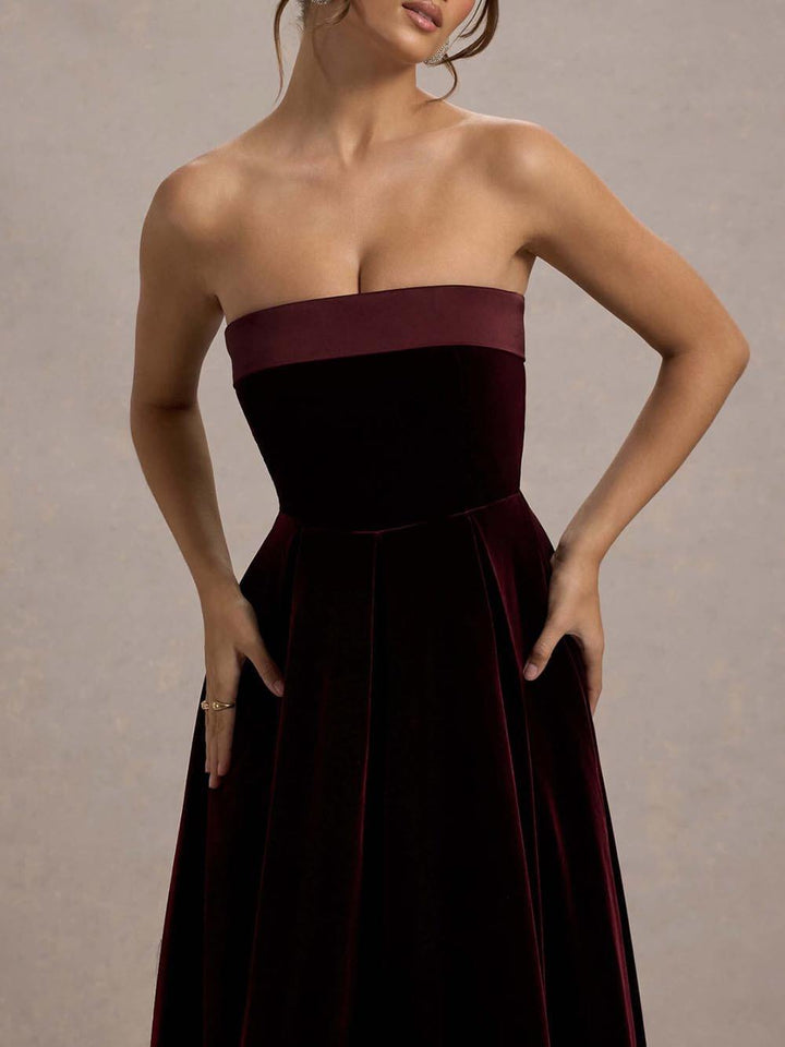 Elegant Center of Attention Velvet Satin Neck Bandeau Pleated Midi Dress