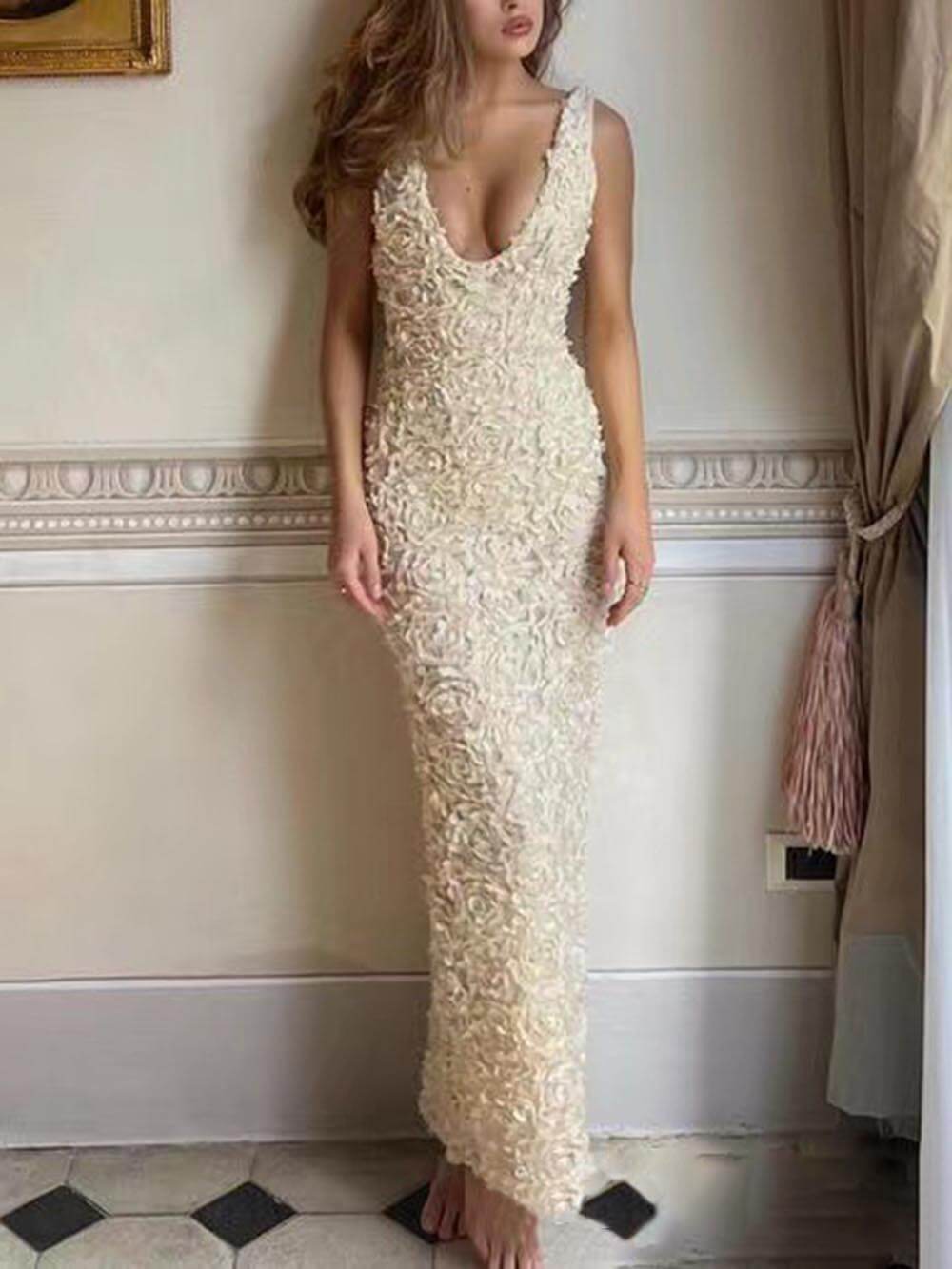 Elegant Floral Applique Deep V Neck Gown Dress