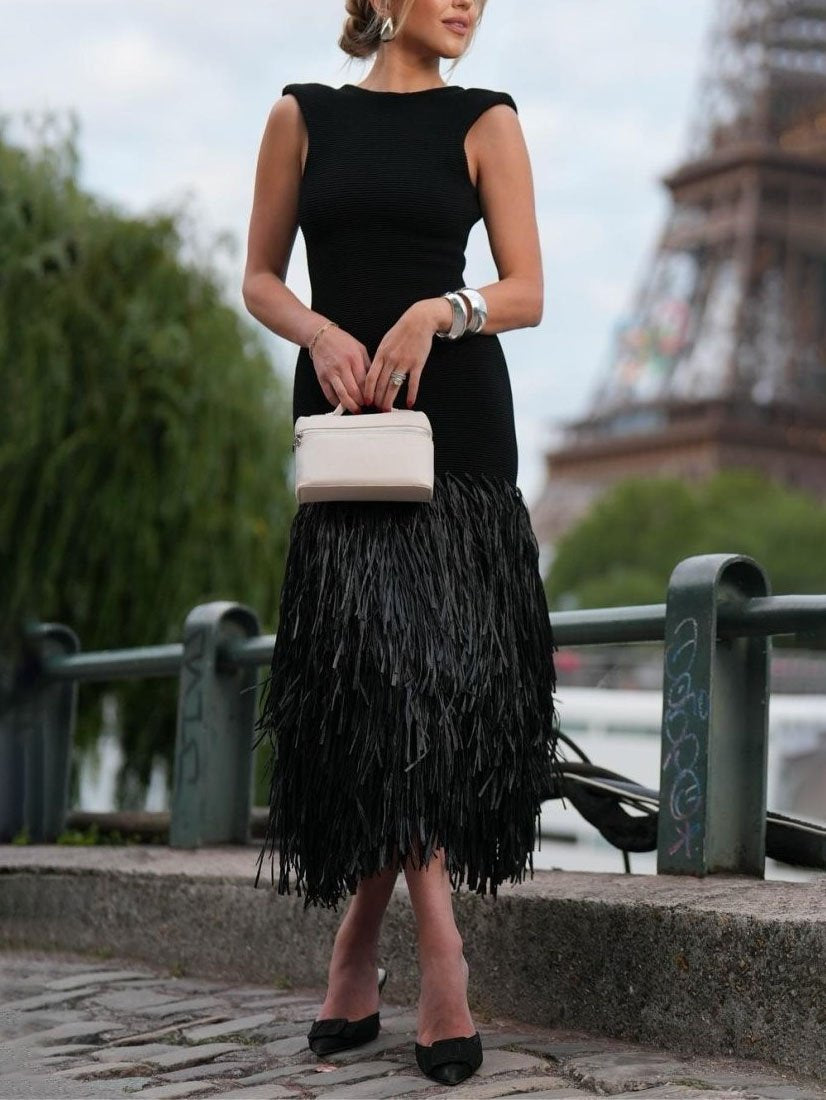 Elegant Raffia Fringed Midi Dress