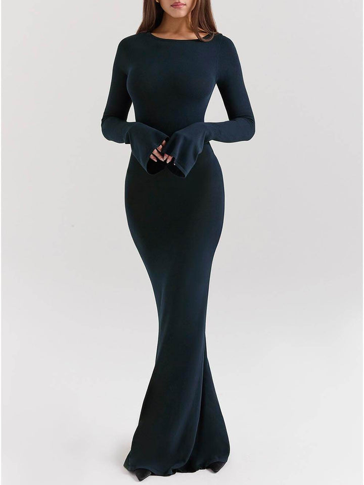 Elegant Midnight Blue Backless Fitted Maxi Dress