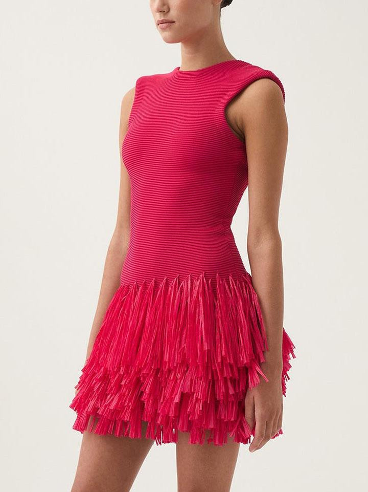 Elegant Raffia Layered Fringed Knitted Mini Dress