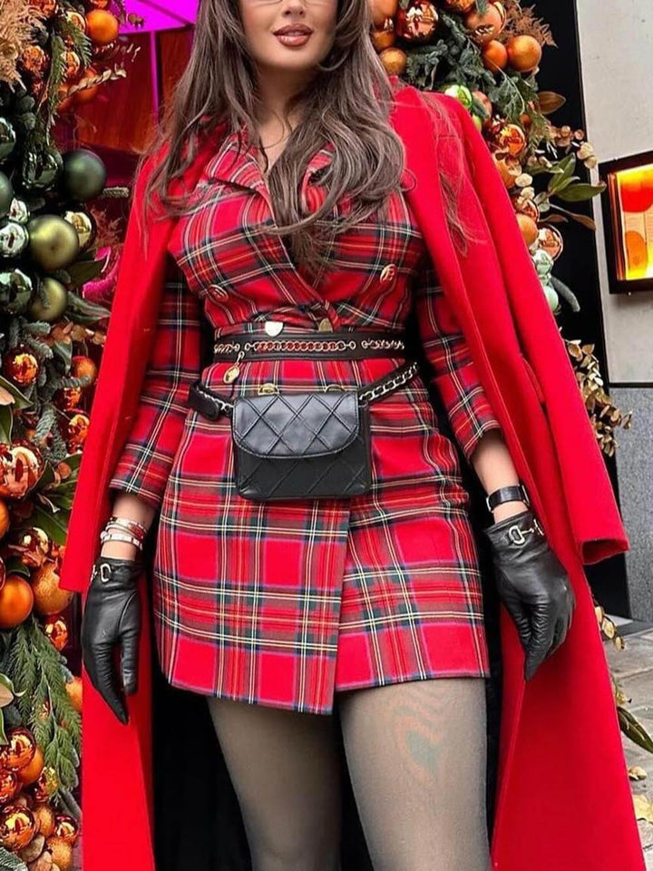 Elegant Christmas Plaid Print Contrasting Metal Button Lapel Blazer Mini Dress