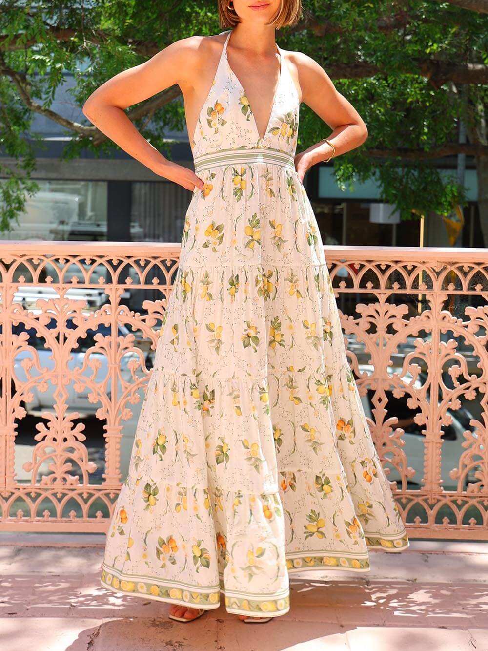 Unique Backless Deep V-Neck Lemon Print Maxi Dress