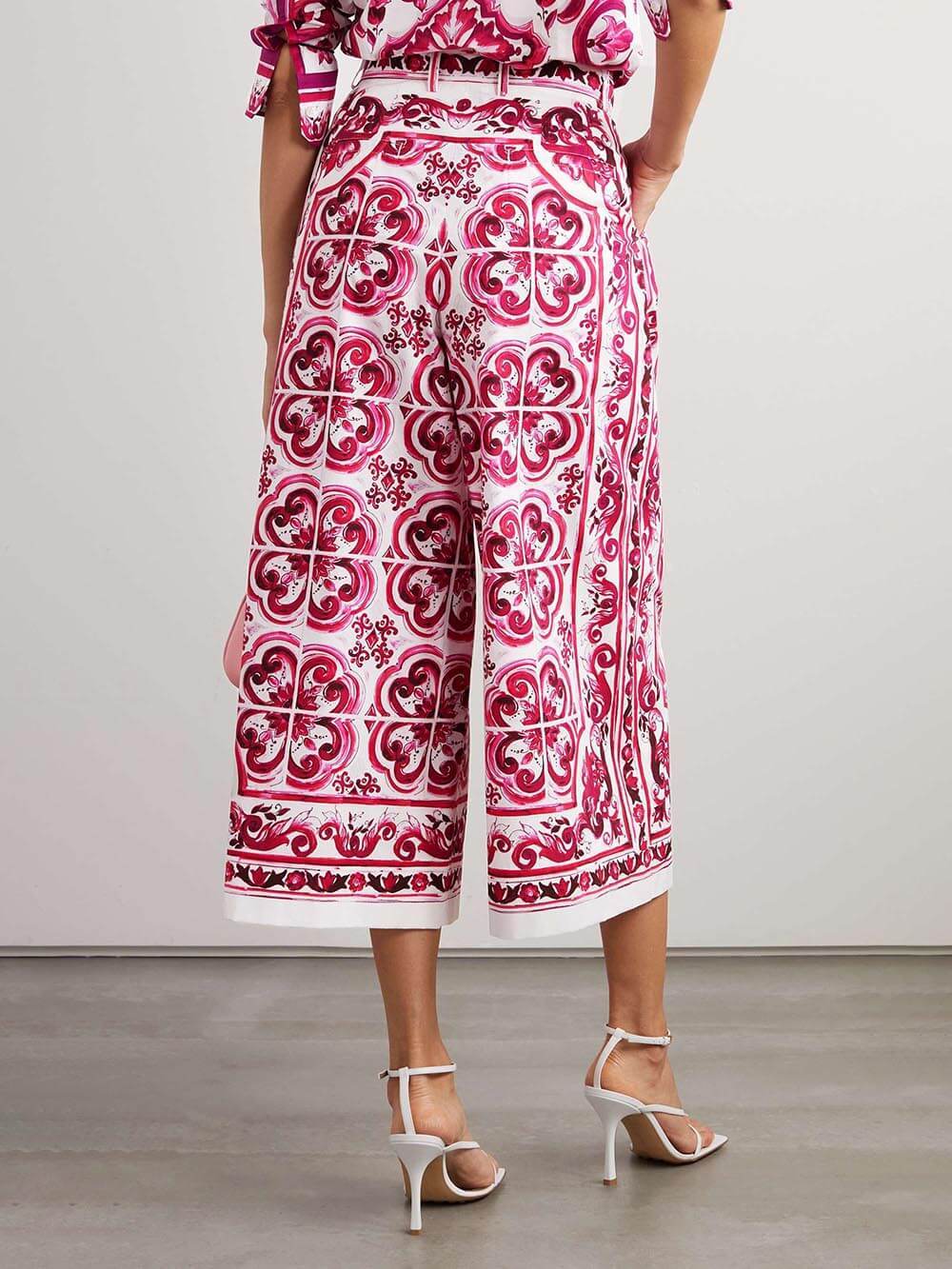 Unique Retro Pattern Print High Waist Loose Pocket Mid-Length Wide-Leg Pants