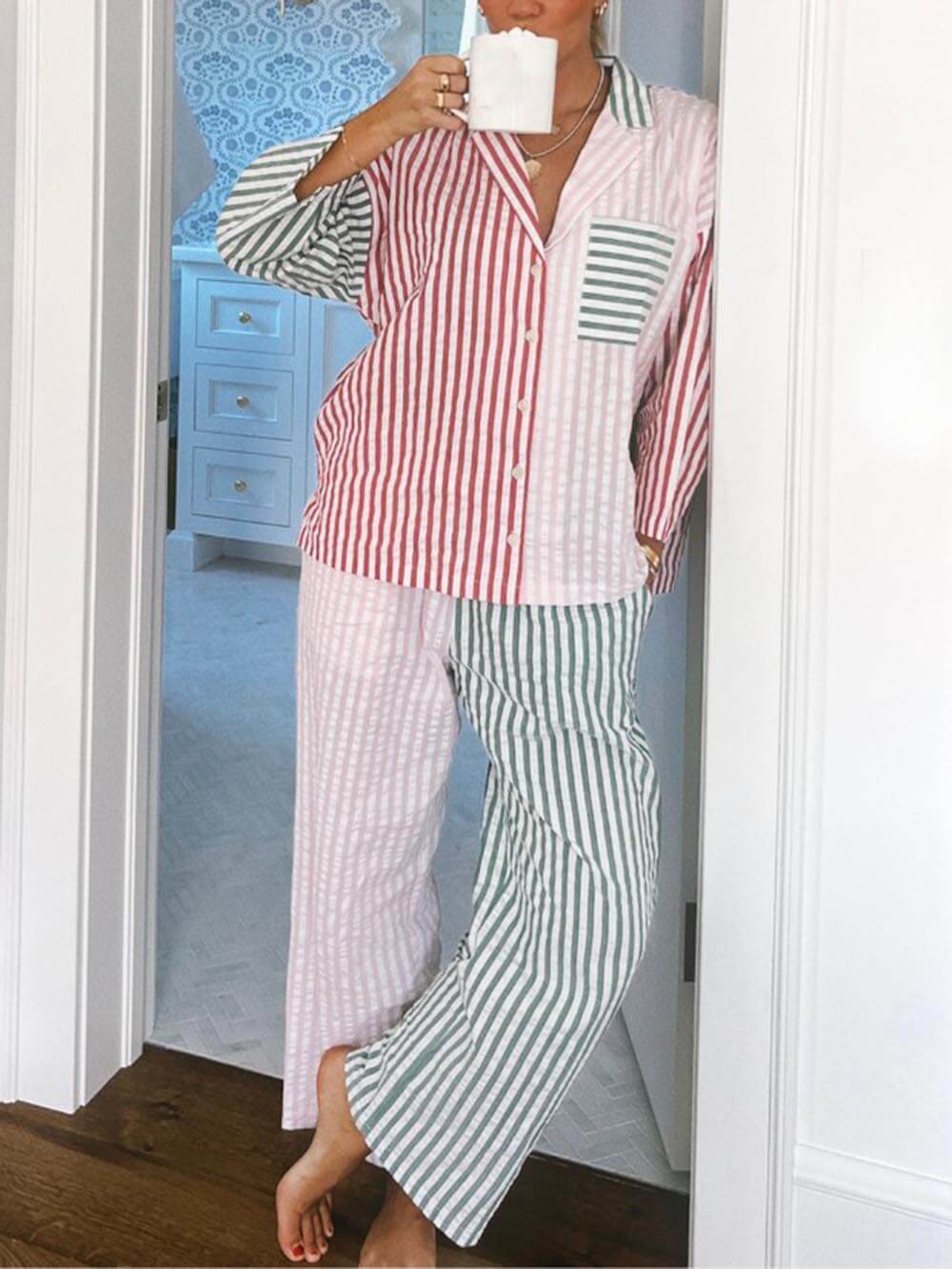 Unique Color-Block Stripe Print Pajama Set