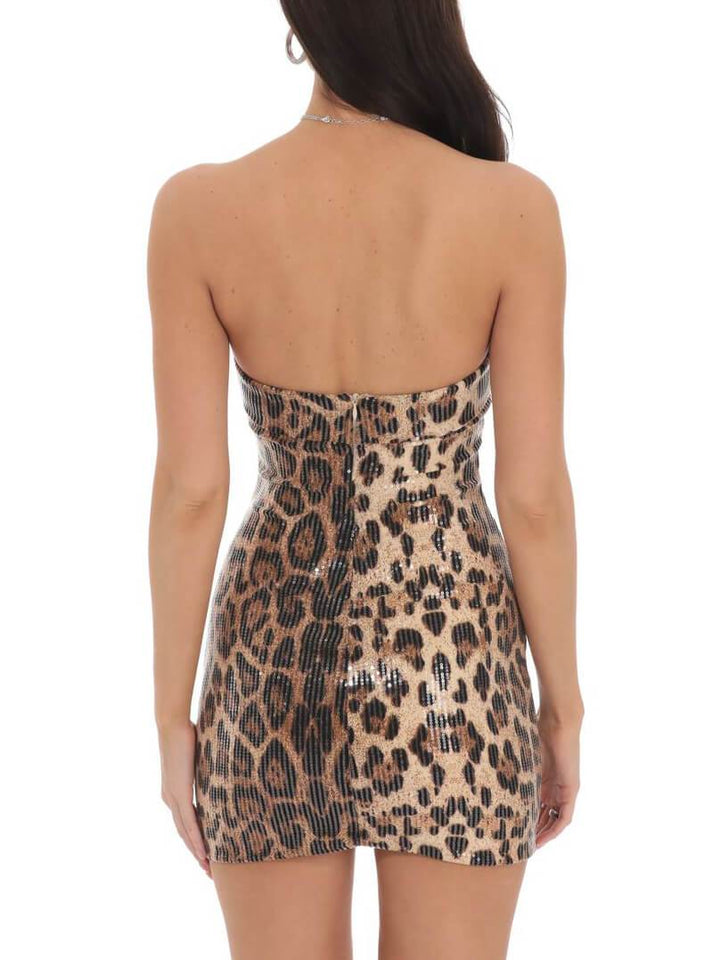 Strapless mini-jurk met lovertjes en luipaardprint