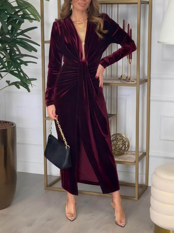 Classic Elegant Pleated Deep V Slit Party Maxi Dress