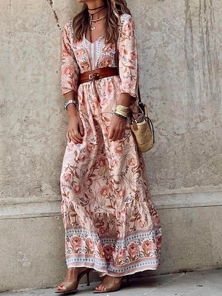 Vestido maxi boêmio com estampa floral