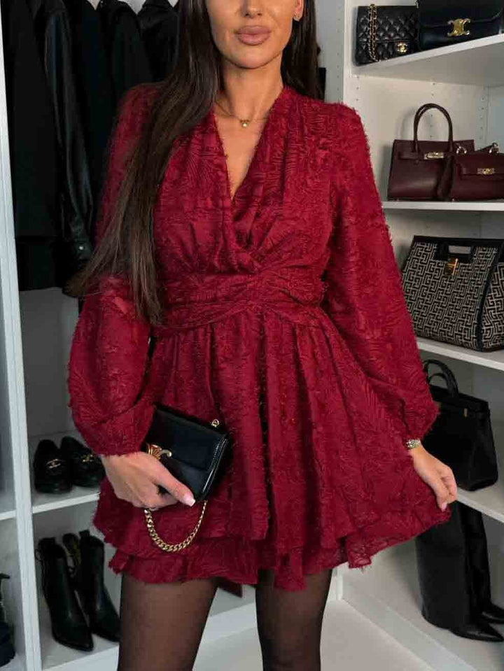 Elegant V-neck Waist Pleated Mini Dress