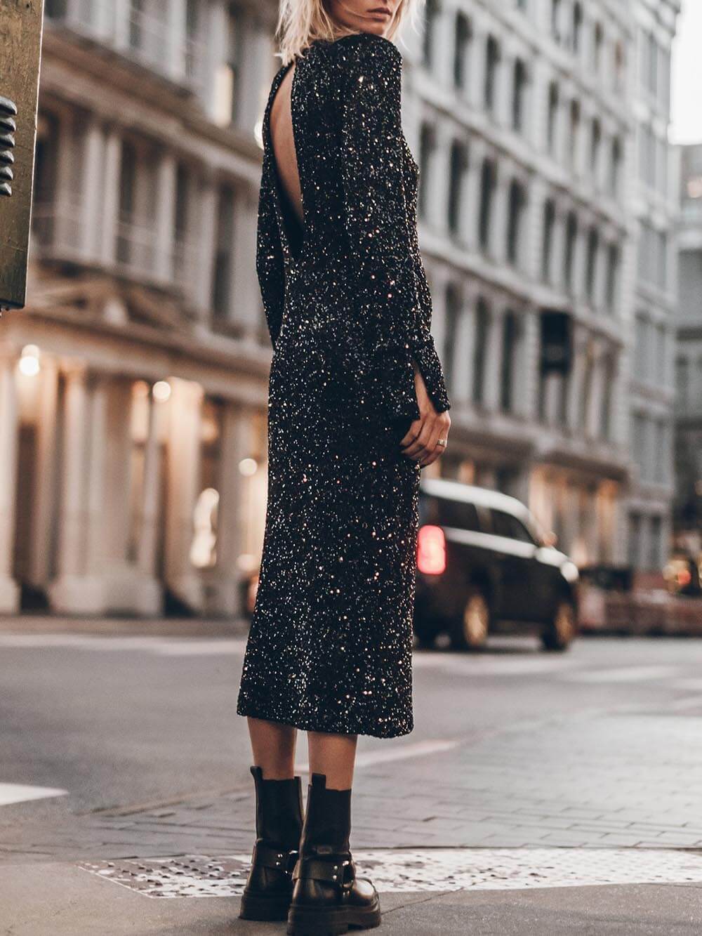 Sequin Sparkly Nights Long Sleeve Open Back Loose Midi Dress