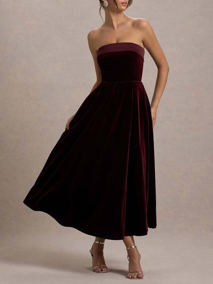 Elegant Center of Attention Velvet Satin Neck Bandeau Pleated Midi Dress