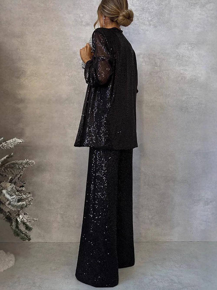 Unique Sequined Party Scene Front Open Long Sleeve Draped Coat