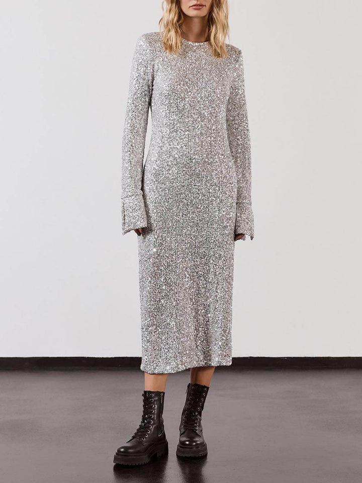 Sequin Sparkly Nights Long Sleeve Open Back Loose Midi Dress