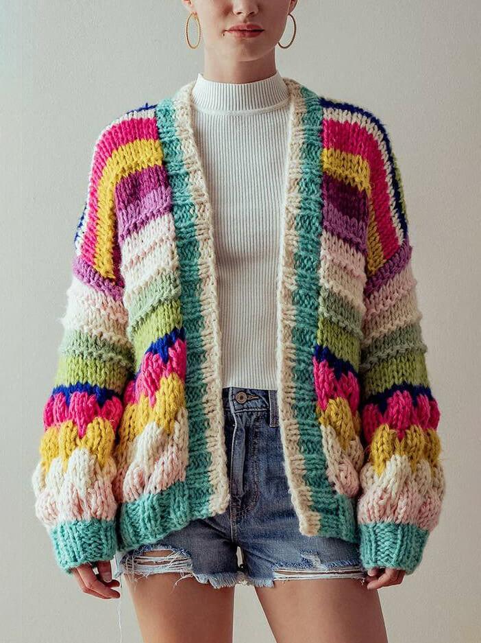 Colorful Striped Chunky Knit Cardigan Jacket