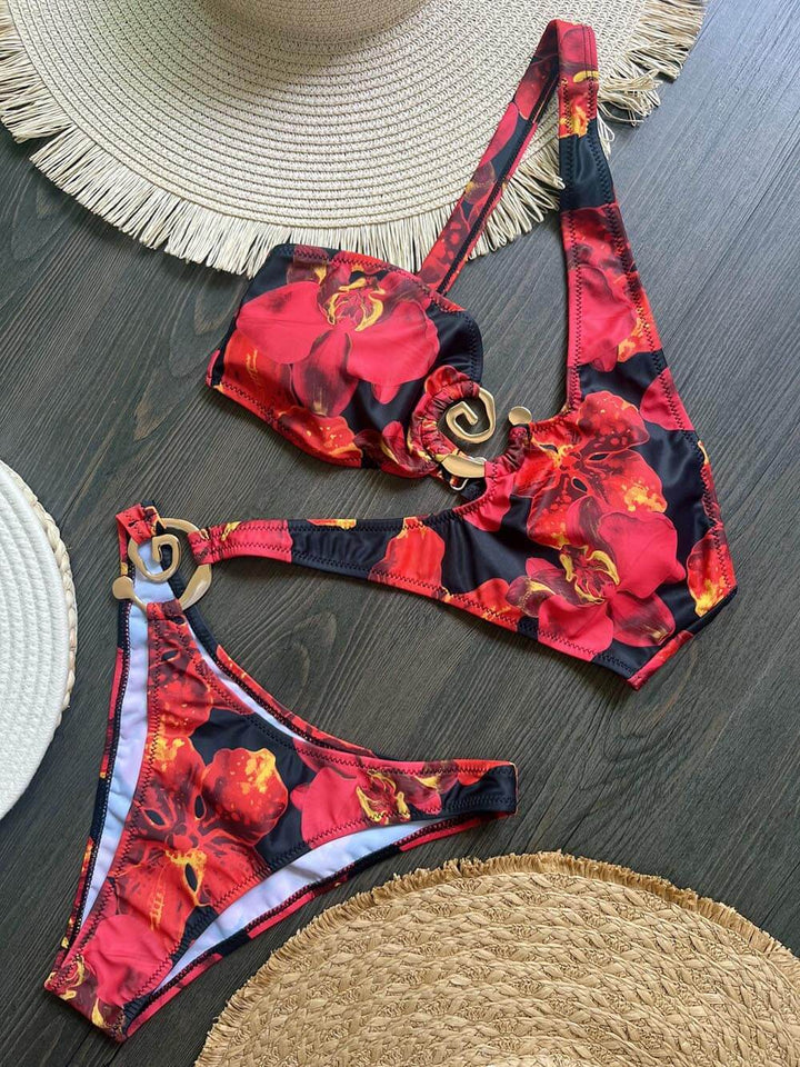 Sexy Metal Button Decorated Printed One-Piece Swimsuit