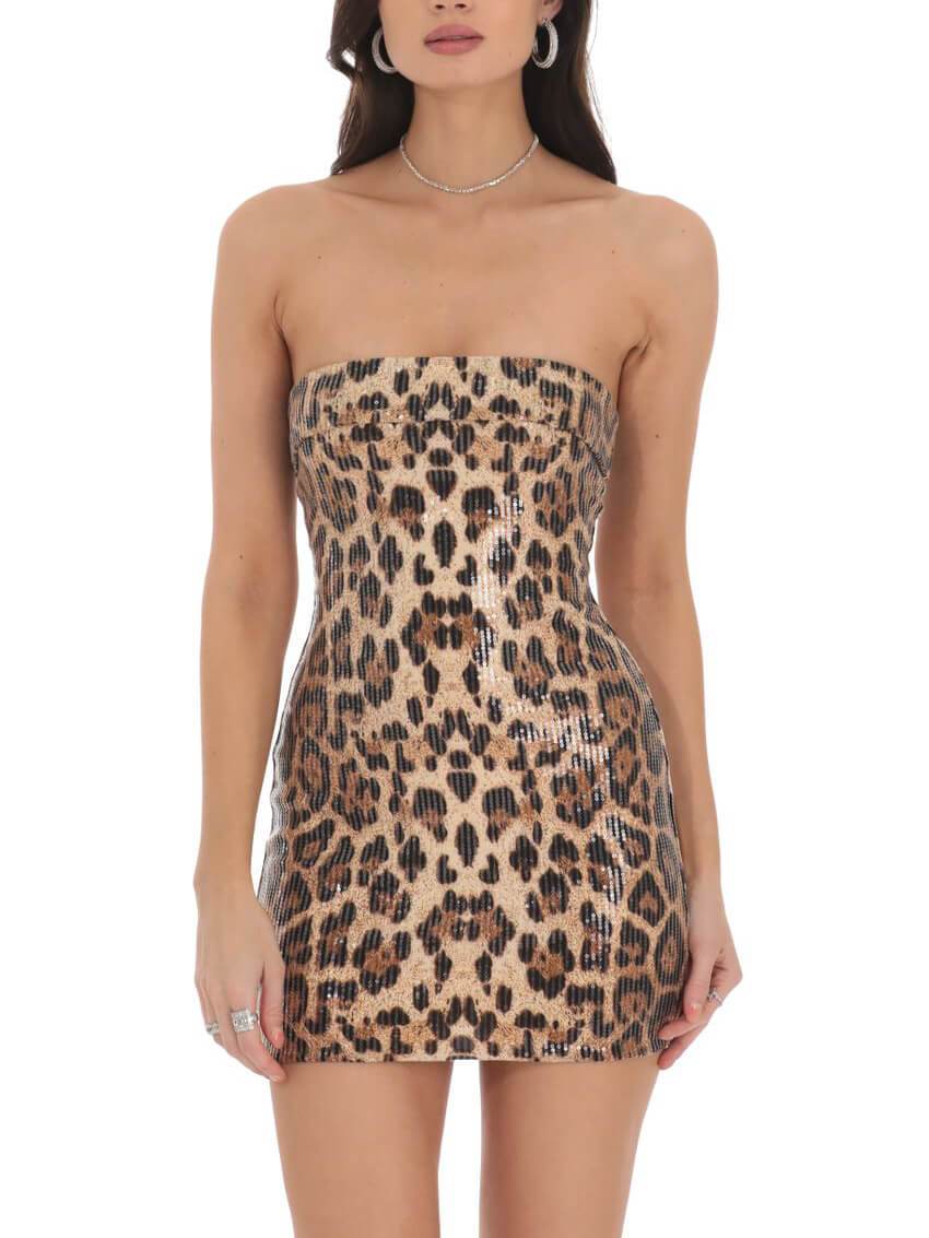 Strapless mini-jurk met lovertjes en luipaardprint