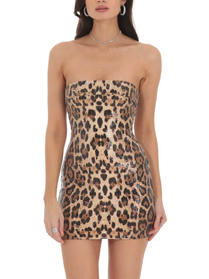 Rochie mini cu paiete fără bretele cu imprimeu leopard