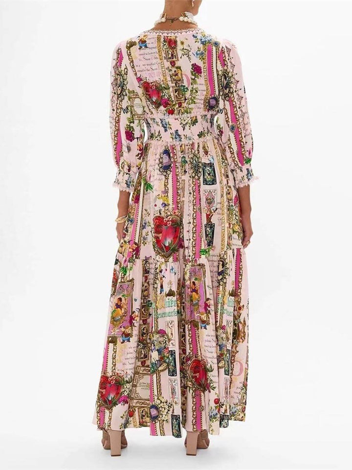 Elegant Ruffled Waist Printed Half Sleeve Flowing Maxi Dress