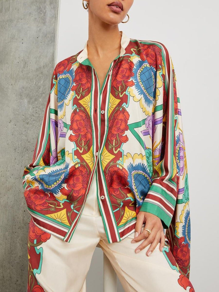 Exquisita camisa ultra holgada con estampado floral y un solo pecho