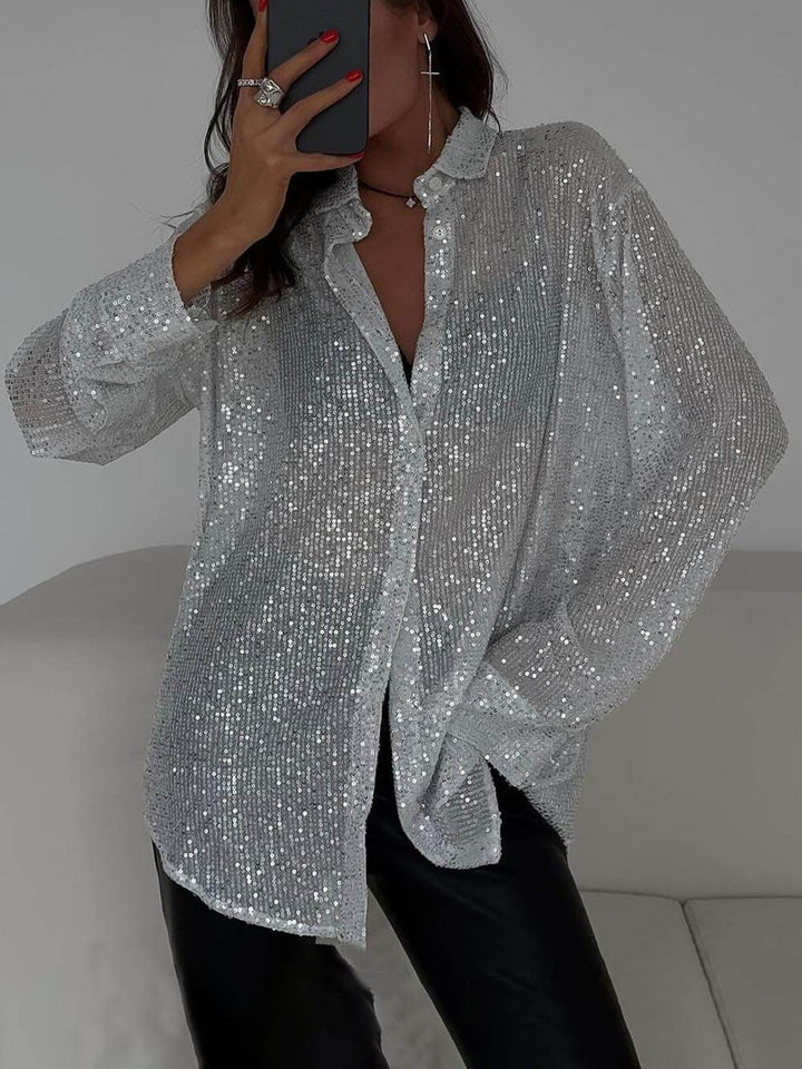 Fashion Beaded Top Lapel Long Sleeve Shirt