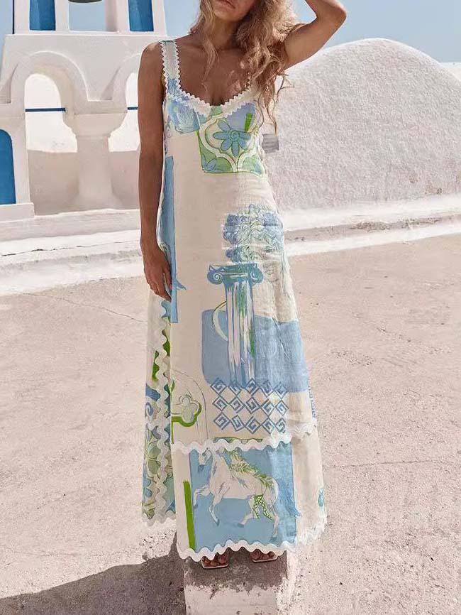 Vestido maxi com estampa pintada exclusiva e laço aberto nas costas