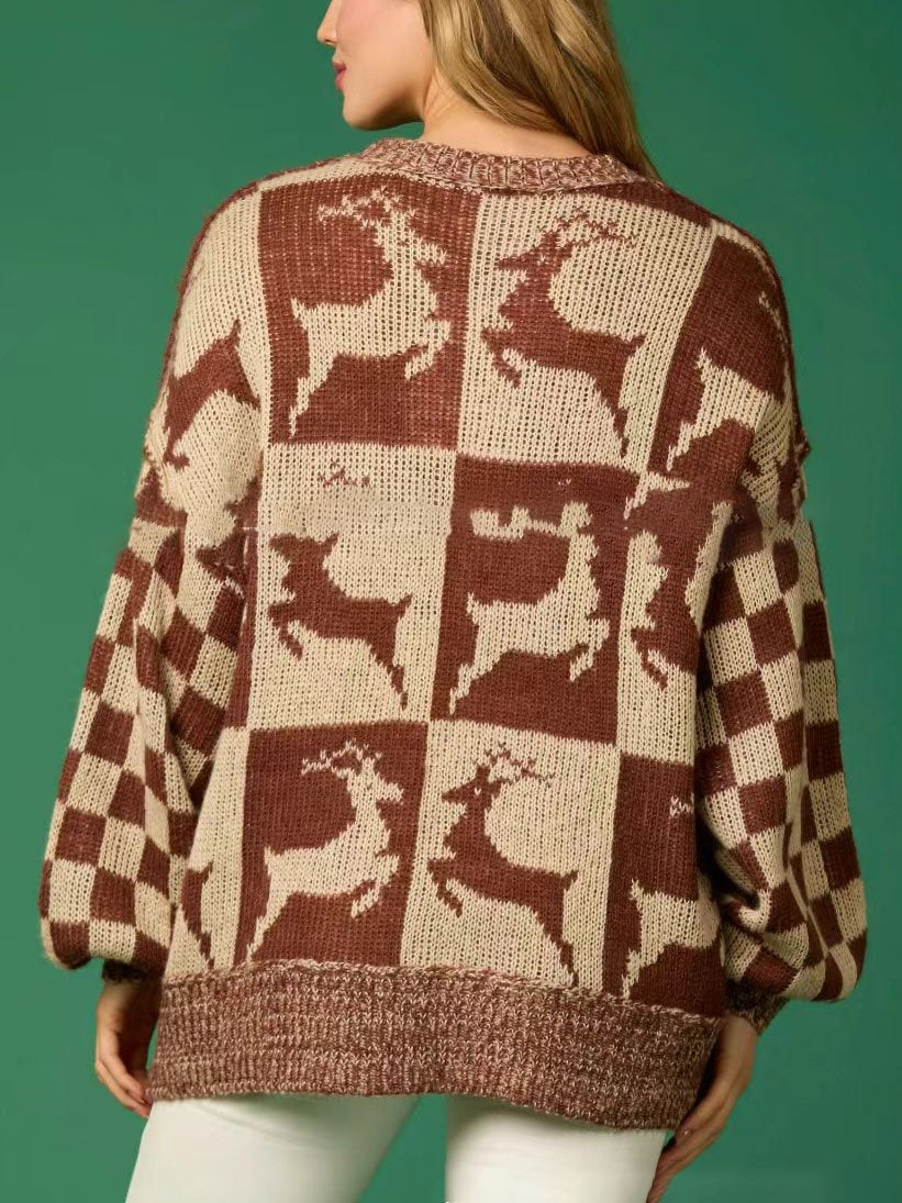 Pull décontracté à col rond avec motif d'élan de Noël