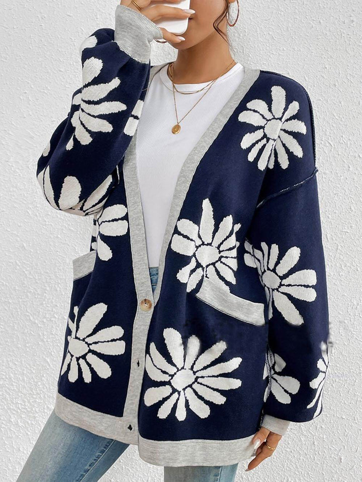 Classic V-Neck Printed Loose Knit Cardigan