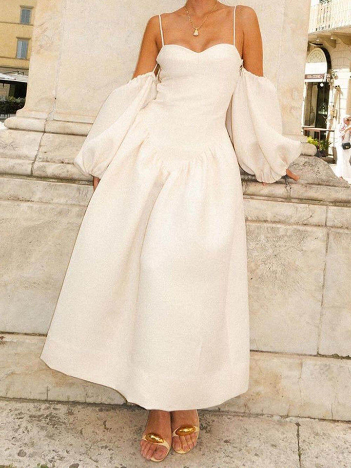 Elegant Solid Color Suspender Puff Sleeve Evening Dress