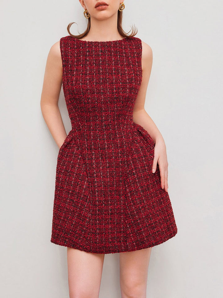 Elegant Tweed Boat Neck Zipper Ruffle Mini Dress