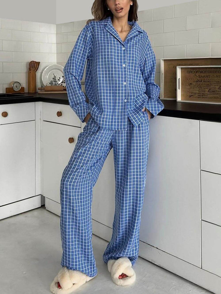 Loose-Fitting Plaid Print Long-Sleeved Home Wear Set