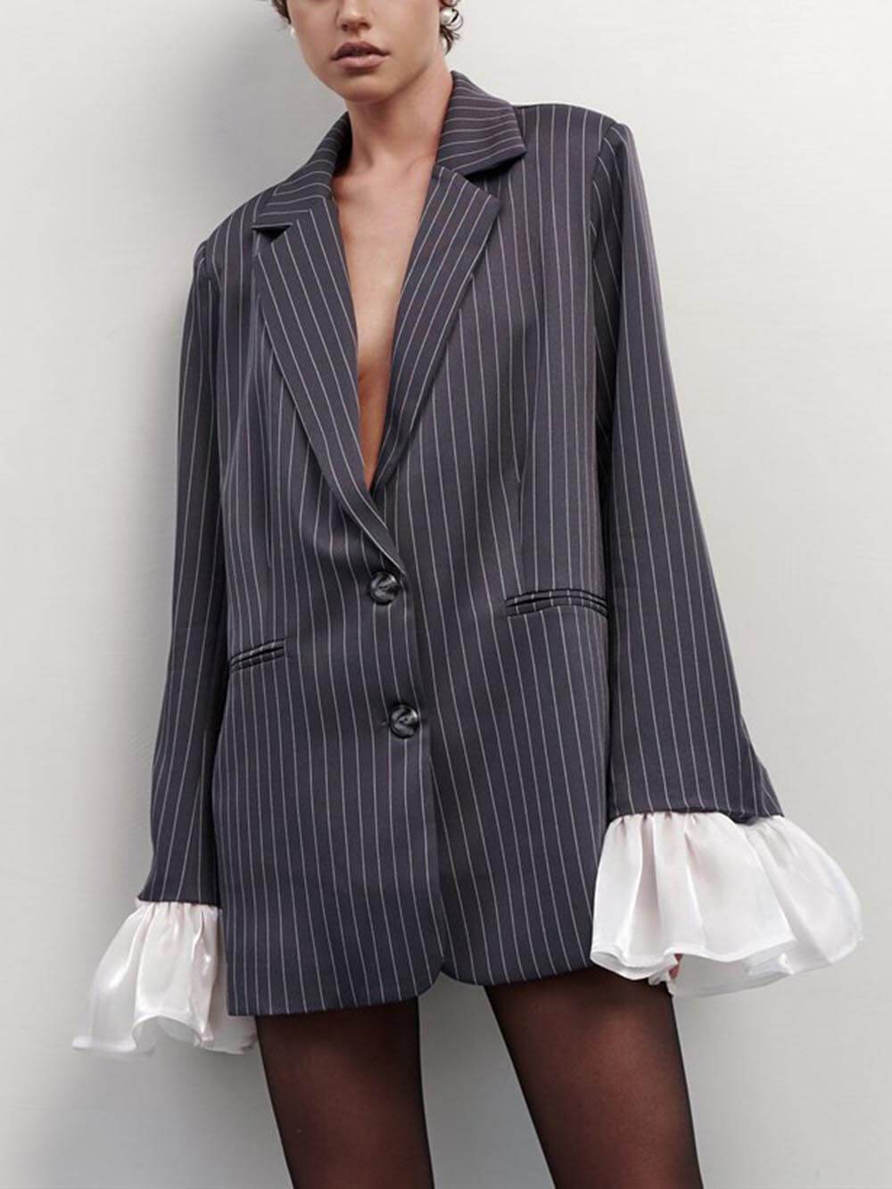 Exquisite Lace Ruffles And Striped Loose Suit