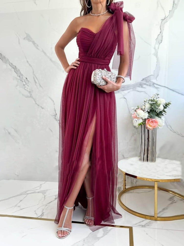 Elegant Feeling Tulle Knotted One Shoulder Pleated Slit Maxi Dress