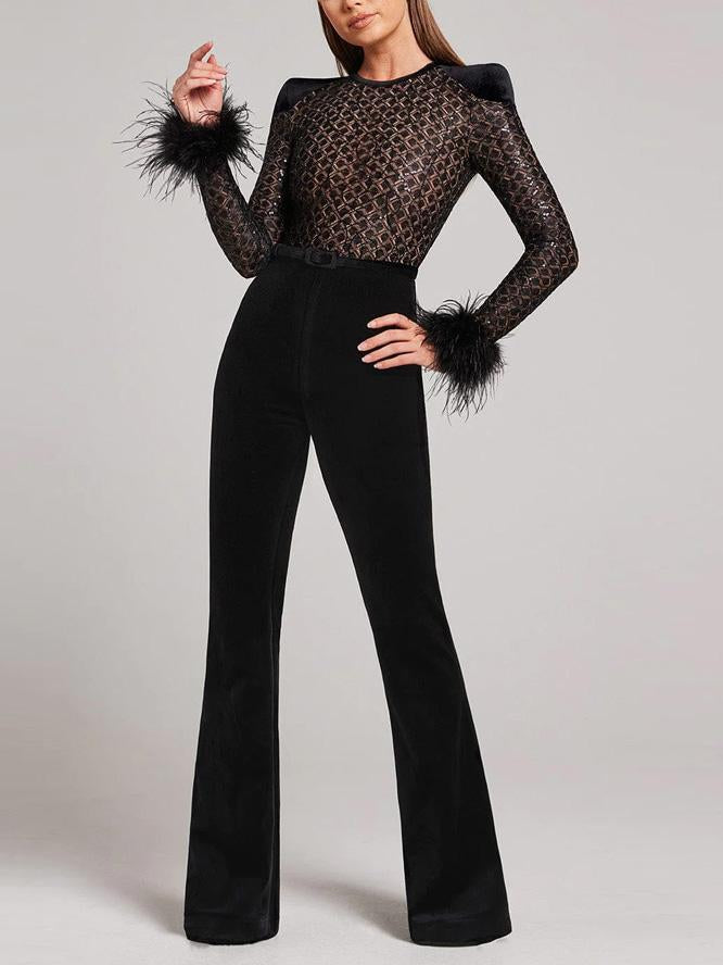 Elegant Lace Sequined Feather Trim Flared Jumpsuit