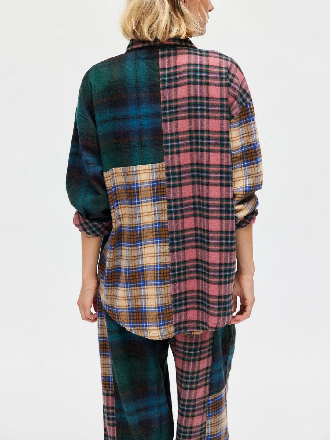 Unique Plaid Trousers Loose Stitching Pajama Set