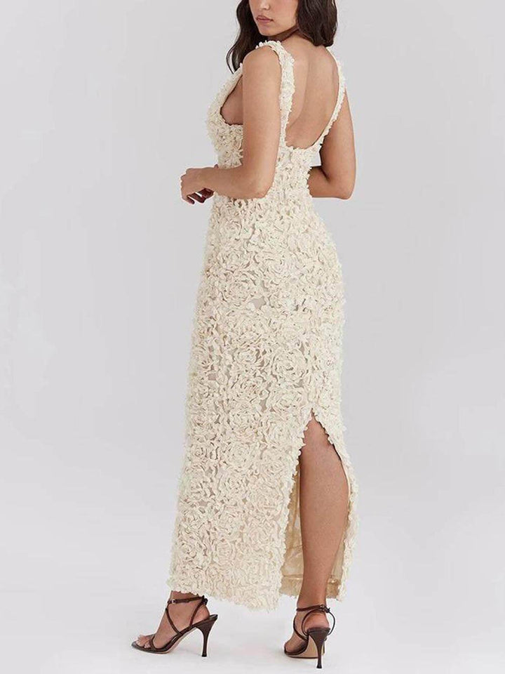 Elegant Floral Applique Deep V Neck Gown Dress