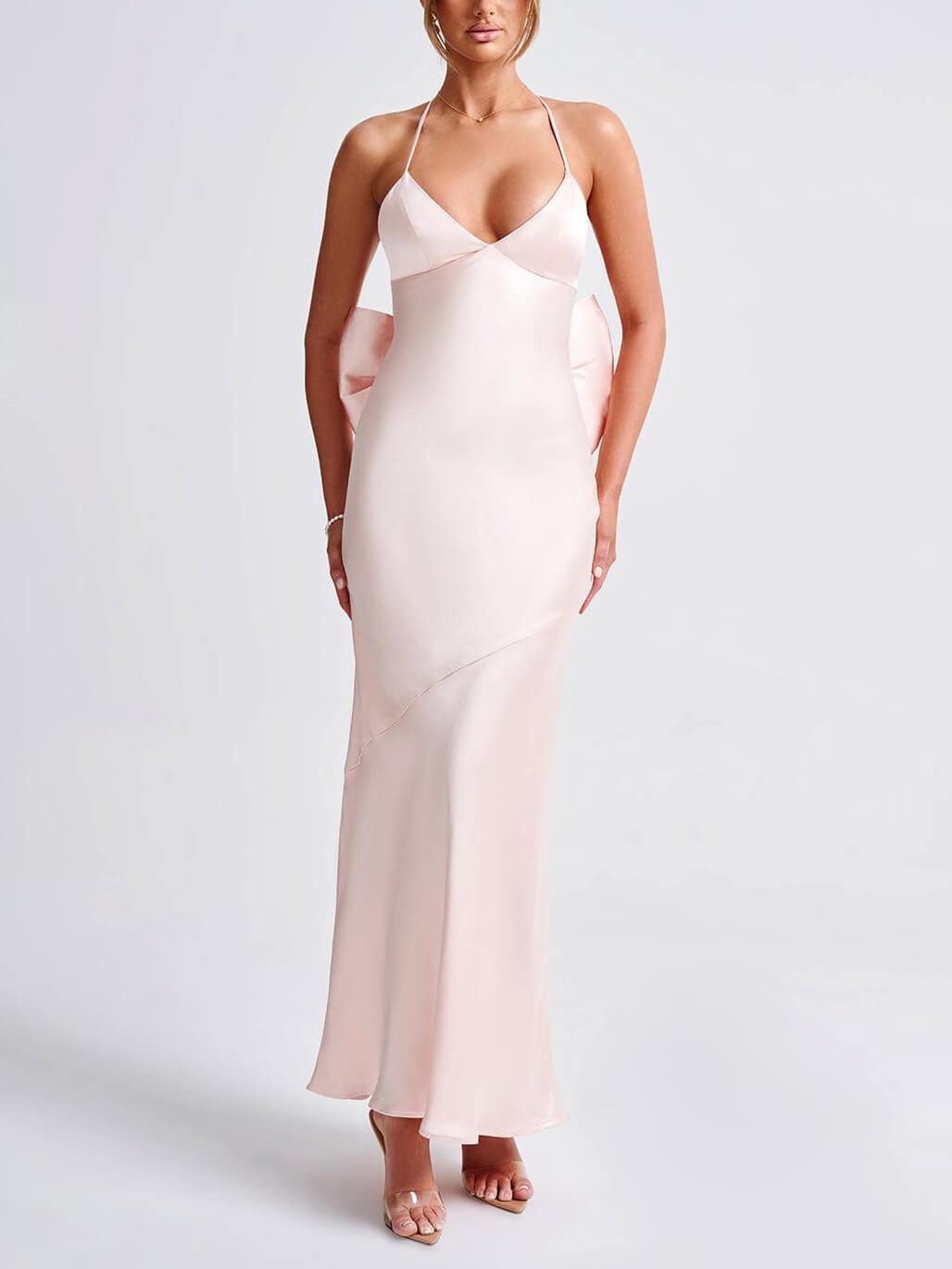 Elegant Backless Sexy Bow Satin Maxi Dress