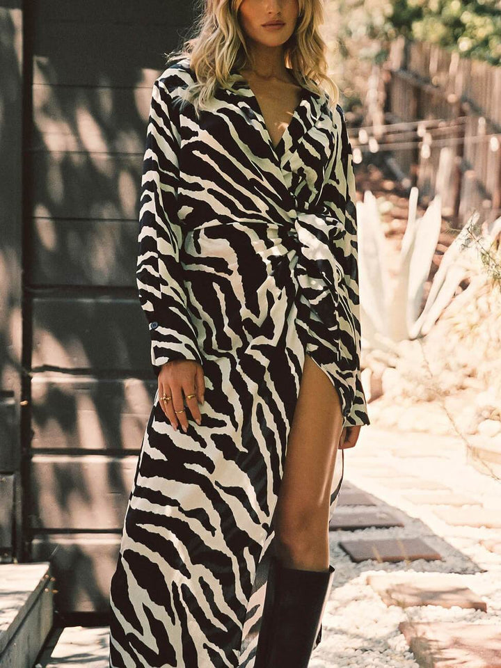 Casual Zebra Print Long Sleeve Wrap Midi Dress