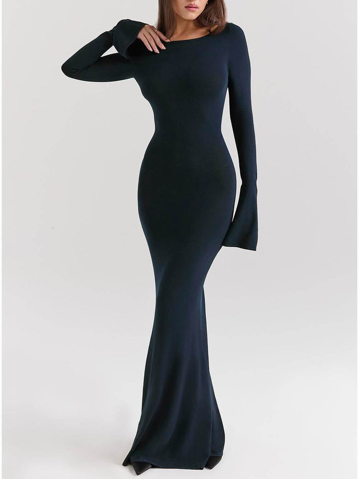 Elegant Midnight Blue Backless Fitted Maxi Dress