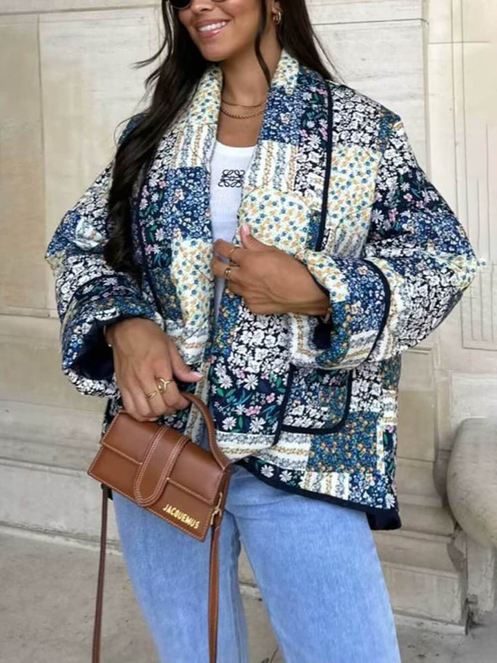 Floral Patchwork Print Lapel Pocket Jacket