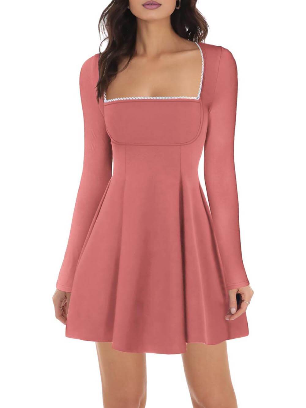 Classic And Elegant Square Neck Trimmed A-Line Ruffled Mini Dress