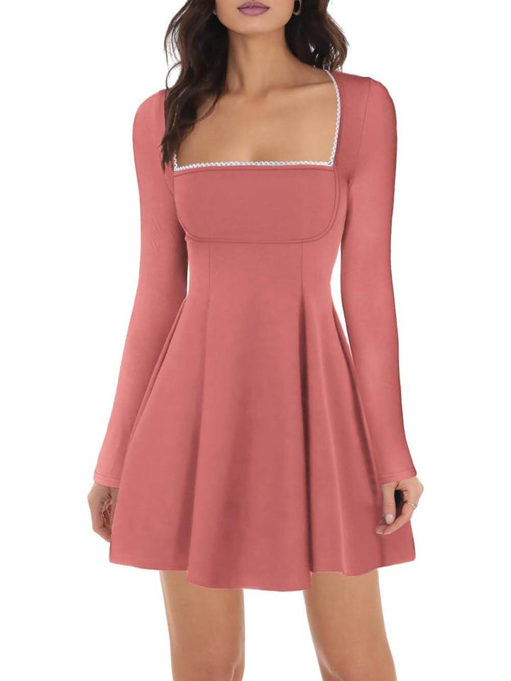 Classic And Elegant Square Neck Trimmed A-Line Ruffled Mini Dress