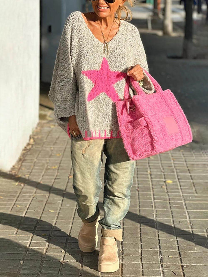 Winter Day Warm Texture Star Pattern Contrast Color Loose Sweater