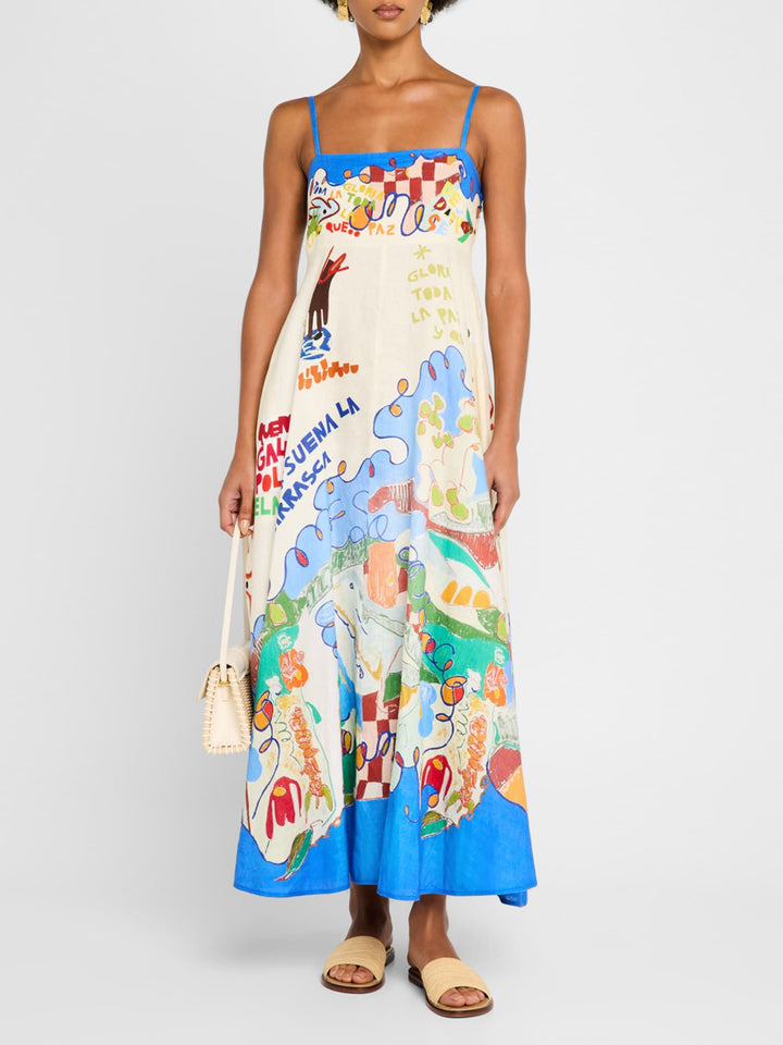 Unique Art Island Floral Print A-Line Midi Dress