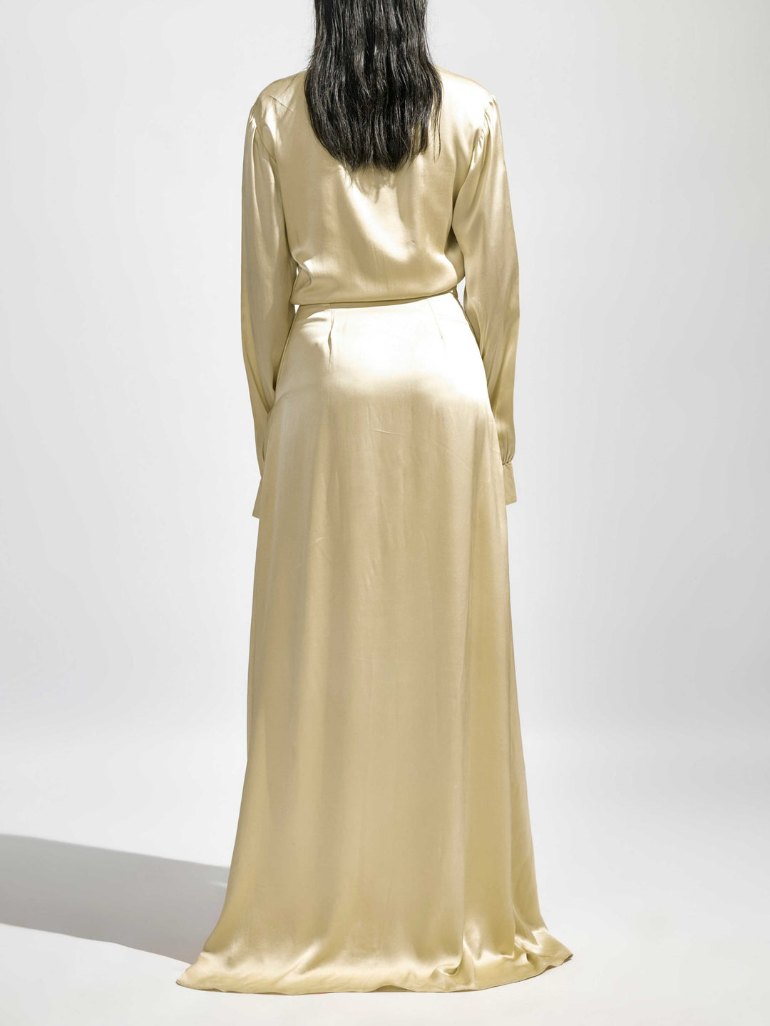 Elegant Deep V Neck Satin Long Sleeve Pleated Maxi Dress